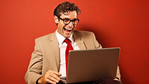 A man in a suit and red tie laughs while looking at a laptop