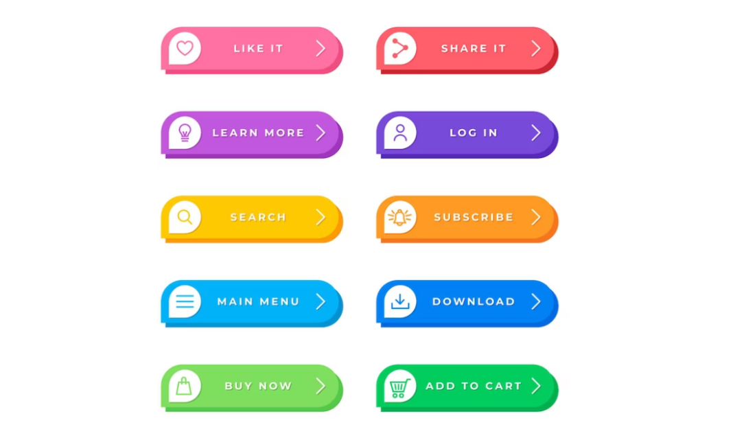 colorful CTA buttons - like it, learn more, search, main menu, buy now etc on plain white fond