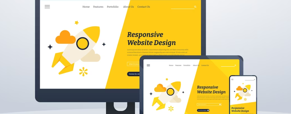 computer sreen, tablet, and phone with same yellow picture - responsive website design