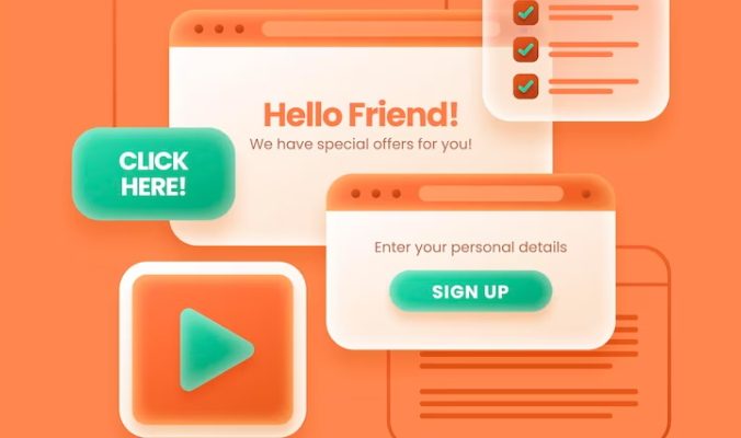 pop up click here, sign up, hellow friend on orange fond